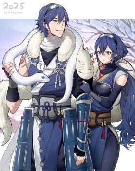 Rule 34 | 1boy, 1girl, 2025, ?, ameno (a meno0), blue eyes, blue gloves, blue hair, brand of the exalt, chrom (fire emblem), chrom (ninja) (fire emblem), closed mouth, elbow gloves, father and daughter, fingerless gloves, fire emblem, fire emblem awakening, fire emblem heroes, forehead protector, gloves, hair between eyes, japanese clothes, long hair, looking at another, lucina (fire emblem), lucina (ninja) (fire emblem), mask on shoulder, ninja, nintendo, official alternate costume, official alternate hairstyle, ponytail, short hair, smile, snake, spoken question mark