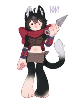 Rule 34 | 1girl, :<, ahoge, animal ear fluff, animal ears, armlet, artist name, black hair, cat ears, cat girl, cat paw, cat tail, claws, curvy, deformed, dungeon meshi, full body, highres, holding, holding kunai, holding weapon, izutsumi, jewelry, kimchunsik, kunai, red scarf, scarf, short hair, simple background, solo, tail, weapon, white background