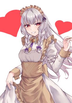 1girl absurdres apron bow braid breasts commentary_request cowboy_shot dress fire_emblem fire_emblem:_three_houses fire_emblem_heroes frills grey_apron grin hair_bow heart highres juliet_sleeves long_hair long_sleeves looking_at_viewer lysithea_von_ordelia lysithea_von_ordelia_(tea_party) maid maid_headdress necktie nintendo official_alternate_costume official_alternate_hairstyle puffy_sleeves purple_bow purple_necktie red_eyes small_breasts smile solo standing tapume twin_braids very_long_hair white_dress white_hair