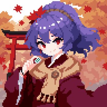 1girl absurdres autumn highres japanese_clothes kimono looking_at_viewer pixel_art purple_hair red_eyes red_kimono short_hair smile solo takeez3 touhou upper_body wide_sleeves yasaka_kanako