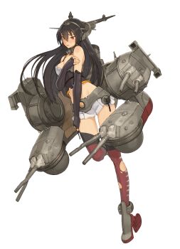 Rule 34 | 1girl, bare shoulders, black hair, boots, breasts, cannon, covering breasts, covering privates, crop top, defeat, elbow gloves, fingerless gloves, full body, gloves, hair ornament, hairband, headgear, highres, kantai collection, long hair, mecha musume, medium breasts, midriff, miniskirt, nagato (kancolle), official art, red thighhighs, ship turret, shirt, shizuma yoshinori, simple background, skirt, solo, thighhighs, third-party source, torn clothes, torn shirt, transparent background, yellow eyes