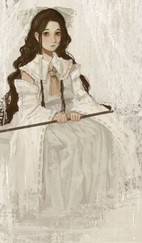 1girl alternate_color ascot bare_shoulders bow brown_eyes brown_hair closed_mouth collared_shirt commentary detached_sleeves expressionless flower frilled_bow frilled_hair_tubes frilled_shirt_collar frills full_body gohei grey_bow grey_skirt grey_vest hair_bow hair_tubes hakurei_reimu hands_on_lap hatsburg high-low_skirt high-waist_skirt highres holding holding_gohei large_bow light_blush lips long_hair long_sidelocks long_sleeves looking_at_viewer nostrils puddle rain realistic ribbon-trimmed_sleeves ribbon_trim shirt sidelocks sitting skirt sleeveless sleeveless_shirt solo touhou very_long_hair vest wavy_hair white_flower white_shirt white_sleeves white_theme wide_sleeves wisteria yellow_ascot