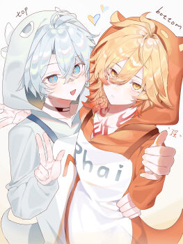 2boys absurdres animal_costume animal_ears antenna_hair black_choker blonde_hair blue_eyes braid chest_tattoo chinese_commentary choker commentary_request facial_tattoo fake_animal_ears fake_tail fanshubaicaizhou gradient_hair hand_on_another&#039;s_waist highres honkai:_star_rail honkai_(series) hood hood_up male_focus medium_hair multicolored_hair multiple_boys mydei_(honkai:_star_rail) onesie parted_bangs phainon_(honkai:_star_rail) red_hair red_tattoo short_hair side_braid tail tattoo top/bottom_dynamic_annotated white_hair yaoi yellow_eyes