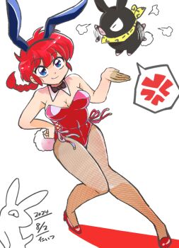 1girl anger_vein animal_ear_hairband animal_ears black_bow black_bowtie blue_eyes bow bowtie braid braided_ponytail breasts commentary_request dated detached_collar fake_animal_ears fishnet_pantyhose fishnets full_body hairband hand_on_own_hip leotard long_hair medium_breasts p-chan pantyhose pig piglet playboy_bunny rabbit_ears rabbit_tail ranma-chan ranma_1/2 red_hair red_leotard red_shoes shoes side-tie_leotard simple_background single_braid spoken_anger_vein strapless strapless_leotard tail tasunefu1570431 white_background