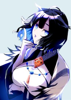 1girl arknights black_hair blue_eyes blue_hair blue_lips blue_nails commentary_request dress highres jewelry kjera_(arknights) long_hair looking_at_viewer multicolored_hair necklace shikitsuki short_hair simple_background smile solo white_dress