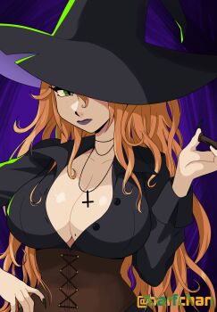 absurdres barfchan black_shirt breasts corset curly_hair green_eyes hat highres large_breasts mole mole_on_breast orange_hair original shirt witch_hat