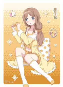 1girl absurdres artist_name bang_dream! bang_dream!_it's_mygo!!!!! blue_eyes blush border brown_hair camisole character_name commentary_request controller cushion frills game_controller headphones highres holding holding_controller holding_game_controller kneehighs long_hair looking_at_viewer midriff nagasaki_soyo navel orange_camisole orange_scrunchie orange_shorts orange_theme parted_lips pixelated polka_dot ray_(aesoi345) scrunchie shorts sitting socks solo sparkle white_border