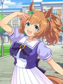 1girl absurdres animal_ears arch artist_request back_bow blue_bow blue_bowtie blue_eyes blue_shirt blue_sky bow bowtie breasts brown_hair cloud cowboy_shot day dot_nose eyelashes fountain game_cg grass hair_between_eyes hair_ornament hand_on_own_head happy high-waist_skirt highres horse_ears horse_girl horse_tail horseshoe lamppost large_breasts light_blush medium_hair messy_hair miniskirt official_art open_mouth outdoors path pleated_skirt ponytail puffy_short_sleeves puffy_sleeves road sailor_collar school school_uniform shade shirt short_sleeves skirt sky smile solo standing star_(symbol) star_hair_ornament taiki_shuttle_(umamusume) tail tareme teeth tracen_academy tracen_school_uniform tree two-tone_shirt umamusume upper_teeth_only white_sailor_collar white_shirt white_skirt