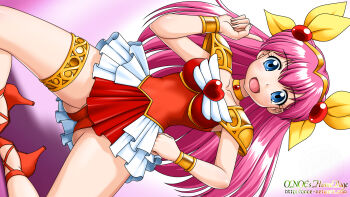 1990s_(style) 1girl :d ai_tenshi_densetsu_wedding_peach blue_eyes brooch choker female_focus frilled_thigh_strap full_body hair_ribbon hanasaki_momoko hand_on_own_hip heart heart_brooch highres jewelry leotard long_hair looking_at_viewer magical_girl onoe open_mouth panties pantyshot pink_hair red_leotard red_panties red_shoes retro_artstyle ribbon shoes shoulder_pads sideways skirt smile solo thigh_strap underwear watermark web_address wedding_peach wing_brooch yellow_ribbon