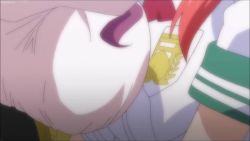 2010s 2girls animated anime_screenshot blonde_hair breast_focus breast_press breasts dakara_boku_wa_h_ga_dekinai gradient_hair highres hug lisara_restall multicolored_hair multiple_girls purple_hair quele_sellier red_hair school_uniform sound sound_effects streaked_hair video