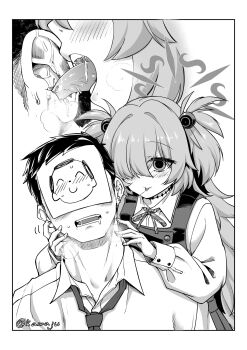 1boy 1girl blue_archive blush buttons choker collared_shirt diagonal-striped_ribbon dot_nose dress ear_licking fingernails greyscale hair_between_eyes hair_ornament hair_over_one_eye halo hands_on_another&#039;s_neck heavy_breathing highres kanoe_(blue_archive) kawajuu licking loli long_hair long_sleeves loose_necktie messy_hair monochrome neck_ribbon necktie one_eye_covered open_clothes pinafore_dress ribbon saliva saliva_trail scar scar_on_neck sensei_(blue_archive) shirt sleeve_cuffs sleeveless sleeveless_dress sweat teeth textless_version tongue tongue_in_ear tongue_out two_side_up upper_teeth_only very_long_hair