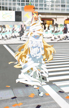 6+girls absurdres animal_ear_fluff animal_ears bandages bird black_serafuku blonde_hair blue_archive blue_hair bm_tol brown_hair commentary crosswalk fox_ears fox_girl green_hair green_sailor_collar green_skirt highres long_hair loose_bandages multiple_girls mummy_costume naked_bandage one_eye_covered red_ribbon ribbon sailor_collar school_uniform seia_(blue_archive) serafuku shirt skirt solo_focus white_shirt