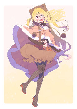 Rule 34 | 1girl, black pantyhose, blonde hair, blush, border, brown hat, brown skirt, cloak, commentary request, cosplay, full body, fur-trimmed cloak, fur trim, hair between eyes, hat, highres, long hair, looking at viewer, magia record: mahou shoujo madoka magica gaiden, mahou shoujo madoka magica, momoe nagisa, momoe nagisa (cosplay), momoe nagisa (magical girl), open mouth, orange cloak, outside border, pantyhose, polka dot, polka dot pantyhose, red eyes, red shoes, serizawa serizane, shoes, skirt, solo, standing, suspender skirt, suspenders, togame momoko, unmoving pattern, watermark, white border, wide-eyed, yellow background
