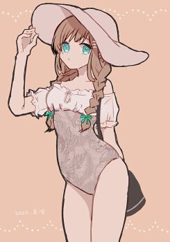 1girl bag braid brown_hair dated green_eyes hair_ornament hairclip hat highres long_hair looking_at_viewer off_shoulder pirorr shoulder_bag solo sophia_esteed star_ocean star_ocean:_till_the_end_of_time swimsuit twin_braids