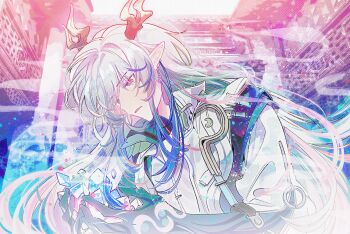 1boy architecture arknights blue_hair blue_streaks chinese_commentary colored_extremities commentary_request crystal crystal_shards cupping_hands dragon_boy dragon_horns earrings east_asian_architecture eastern_dragon_horns green_hair green_hands green_streaks hair_between_eyes high_collar highres holding holding_crystal horns indoors jacket jewelry light_particles long_hair looking_at_object looking_down male_focus multicolored_hair own_hands_together parted_lips pink_eyes pink_streaks pointy_ears shirt smoke solo streaked_hair tassel tassel_earrings three-quarter_sleeves upper_body white_jacket white_shirt yecai_baozi yi_(arknights) zipper_pull_tab