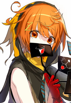 1boy androgynous bare_shoulders bishounen brown_capelet brown_hood capelet covered_mouth covering_own_mouth emia_(castilla) gloves hair_ornament hairpin head_tilt highres hood hood_up hooded_capelet kimi_ga_shine looking_at_viewer male_focus necktie orange_eyes orange_hair portrait red_gloves solo striped_necktie toto_noel two-tone_hood yellow_hood