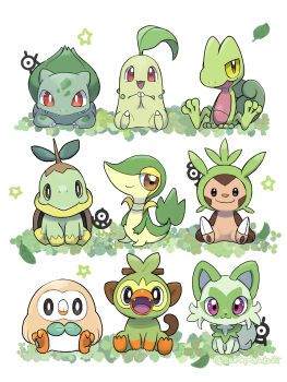 bird brown_eyes bulbasaur cat chespin chikorita commentary_request gen_1_pokemon gen_2_pokemon gen_3_pokemon gen_4_pokemon gen_5_pokemon gen_6_pokemon gen_7_pokemon gen_8_pokemon grookey highres monkey nintendo no_humans open_mouth owl pokemon pokemon_(creature) rowlet saki_pokeoekaki sitting smile snivy sprigatito treecko turtwig unown unown_a unown_k unown_s unown_u