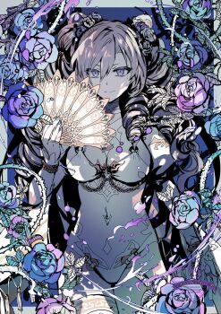 Rule 34 | 1girl, breasts, cleavage, fate/grand order, fate (series), flower, folding fan, gold trim, grey eyes, hair flower, hair ornament, hand fan, highleg, highleg leotard, highres, juliet sleeves, kriemhild (fate), kriemhild (swimsuit rider) (fate), kriemhild (swimsuit rider) (third ascension) (fate), large breasts, leotard, long hair, long sleeves, looking at viewer, puffy sleeves, rioka (southern blue sky), rose, single thighhigh, smile, solo, thighhighs, thighs, twintails, white hair, white leotard, white thighhighs