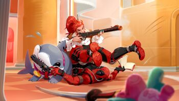 1boy 1girl aiming biting book collar commentary deadpool elsa_bloodstone english_commentary fins fish_tail flying_sweatdrops gun highres holding holding_book holding_gun holding_weapon human_shield jeff_(marvel) katana lazyboq looking_at_another looking_to_the_side marvel marvel_rivals name_tag one_eye_closed open_book orange_hair rifle shark shark_fin shark_tail stuffed_animal stuffed_toy superhero_costume sword tail upside-down weapon