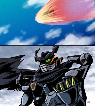 armor atmospheric_reentry black_armor black_getter black_scarf blue_sky burning clenched_hand clothed_robot cloud colored_sclera falling fire fusion getter_robo green_sclera gundam gundam_gquuuuuux hand_up mask mecha mecha_focus mobile_suit mouth_mask overcast parody raised_fist red_eyes robot scarf scene_reference shin_getter_robo sky spiked_knuckles spikes metal_mask upper_body v-fin yonecchi