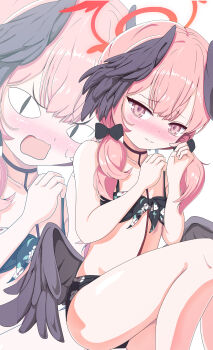 1girl absurdres bare_arms bare_hips bare_legs bare_shoulders black_wings blue_archive blush closed_mouth commentary_request flat_chest halo hands_up hatuyuki_1017 highres koharu_(blue_archive) koharu_(swimsuit)_(blue_archive) looking_at_viewer low_twintails open_mouth red_halo sitting swimsuit twintails wings
