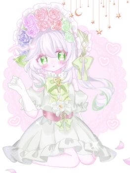 Rule 34 | 1girl, bad id, bad twitter id, bare shoulders, blush, bonnet, bow, bowtie, detached sleeves, dress, flower, genshin impact, gloves, green bow, green bowtie, green dress, green eyes, green flower, green gloves, green hair, green sleeves, hair ornament, hand up, highres, inactive account, leaf hair ornament, long hair, looking at viewer, multicolored hair, nahida (genshin impact), ne ru ri, pink flower, purple flower, red flower, side ponytail, sitting, sleeveless, sleeveless dress, solo, streaked hair, symbol-shaped pupils, white hair