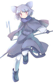 1girl animal_ears black_gloves black_shoes blue_scarf blush capelet coat commentary_request dowsing_rod expressionless full_body gloves grey_capelet grey_coat grey_hair holding_tool leggings long_sleeves mouse_ears mouse_girl nazrin one-hour_drawing_challenge rangycrow red_eyes scarf shirt shoes sideways_glance solo touhou white_leggings white_shirt