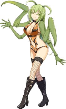 10s 1girl antennae arthropod_girl breasts claws cleavage em_(monster_musume) extra_arms green_eyes green_hair large_breasts long_hair mantis monster_girl monster_musume_no_iru_nichijou monster_musume_no_iru_nichijou_online official_art