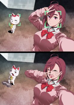 2girls :3 absurdres animal_nose ayase_momo black_choker bow bowtie breasts brown_hair cat cellphone_app choker closed_mouth collared_shirt commentary_request crossed_bangs dandadan earrings hair_behind_ear hand_up highres jewelry kami_high_school_uniform long_sleeves loose_bowtie maneki-neko medium_breasts meme multiple_girls naru_(7ventysix) open_mouth pink_sweater red_bow red_bowtie red_eyes school_uniform selfie shirt short_hair sleeves_past_wrists standing sweater thick_eyebrows tongue tongue_out turbo_granny_(dandadan) upper_body v whiskers white_shirt