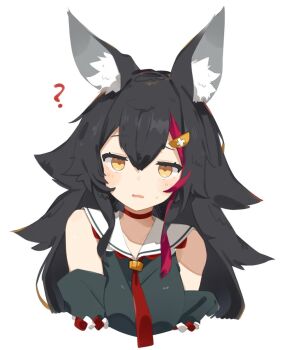1girl ? animal_ear_fluff animal_ears bare_shoulders black_hair black_shirt black_sleeves breasts choker collarbone commentary confused crossed_bangs detached_sleeves dot_nose double-parted_bangs fang flipped_hair hair_between_eyes hair_ornament hairclip highres hololive kouhaku_nawa light_blush long_hair long_sidelocks looking_at_viewer medium_breasts multicolored_hair necktie ookami_mio ookami_mio_(1st_costume) open_mouth raised_eyebrow red_choker red_hair red_necktie red_trim rope sailor_collar shimenawa shirt sidelocks simple_background skin_fang sleeveless sleeveless_shirt solo spiked_hair streaked_hair sweatdrop tntl_nemui two-tone_hair upper_body very_long_hair virtual_youtuber white_background white_sailor_collar wolf_ears wolf_girl yellow_eyes