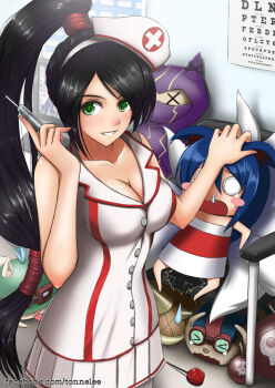 >_< 2girls 3boys ahri_(league_of_legends) akali akali_(legacy) animal_ears black_hair blue_hair blush_stickers bomb breasts chibi cleavage closed_eyes explosive eye_chart fox_ears fox_tail goggles green_eyes hat kennen league_of_legends multiple_boys multiple_girls multiple_tails nurse nurse_akali nurse_cap pee peeing ponytail rammus sweatdrop syringe tail tears teemo tongue tonnelee x_x yordle ziggs