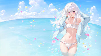 1girl bare_shoulders bikini blush collarbone commentary_request day falling_flower falling_petals flower highres long_hair long_sleeves looking_at_viewer mignon navel off_shoulder open_clothes original outdoors parted_lips partially_submerged petals purple_eyes shiro_(mignon) smile solo stomach swimsuit teeth thighs water white_bikini white_hair