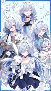 1girl black_choker black_skirt blue_jacket camera choker collarbone colored_eyelashes commentary_request earrings facing_viewer glasses grey_hair hair_intakes hair_ornament hair_over_one_eye halo hand_up heart highres holding holding_camera id_card jacket jewelry kuramoto_beta-carotene long_hair looking_at_viewer mornye_(wuthering_waves) multiple_rings multiple_views official_alternate_costume open_mouth parted_lips red-framed_eyewear ring semi-rimless_eyewear shirt skirt smile spoken_expression spoken_heart stuffed_toy tacet_mark_(wuthering_waves) triangle_earrings under-rim_eyewear white_shirt wuthering_waves