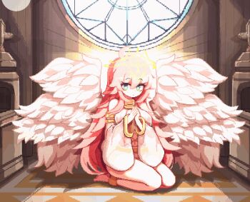 1girl ahoge animated animated_gif anklet bare_legs barefoot blinking church closed_mouth cross-shaped_pupils detached_sleeves dungeon_and_fighter expressionless green_eyes hwaryeok jewelry knight_(dungeon_and_fighter) light long_hair long_sleeves own_hands_clasped own_hands_together pink_hair solo symbol-shaped_pupils