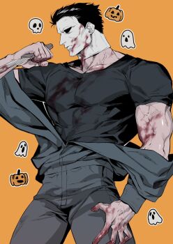 Rule 34 | 1boy, arm up, black eyes, black hair, black shirt, blood, blood on body, blood on mask, bloody weapon, closed mouth, collarbone, commentary, covered abs, covered pectorals, cowboy shot, english commentary, ghost, grey jacket, grey pants, hair slicked back, halloween (movie), hand on own thigh, highres, holding, holding knife, holding weapon, jack-o'-lantern, jacket, knife, long sleeves, male focus, michael myers, no pupils, nonnon9977, orange background, pants, partially undressed, pectorals, profile, pumpkin, shirt, short hair, short sleeves, simple background, skull, solo, t-shirt, veins, veiny arms, weapon
