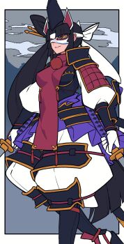 1girl armor black_hair black_headwear breasts fate/grand_order fate_(series) fox_mask gloves grin hacco_mayu hair_bun hat headband highres japanese_armor katana kote long_hair long_sleeves looking_at_viewer mask medium_breasts orange_eyes pants parted_bangs pelvic_curtain purple_lips sash shoulder_armor side_ponytail sidelocks single_side_bun smile sode solo suneate sword taira_no_kagekiyo_(fate) taira_no_kagekiyo_(first_ascension)_(fate) ushiwakamaru_(fate) very_long_hair weapon white_gloves white_pants