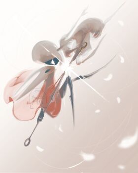 2girls arthropod_girl black_eyes black_skin blank_eyes cloak colored_skin face-to-face fighting full_body highres holding holding_weapon hollow_eyes hollow_knight hollow_knight:_silksong horned_mask hornet_(hollow_knight) horns lace_(hollow_knight) long_sleeves looking_at_another mask multiple_girls needle_(hollow_knight) petals pin_(hollow_knight) puffy_sleeves red_cloak silk slumberwithtea sword_clash weapon white_eyes white_mask white_petals