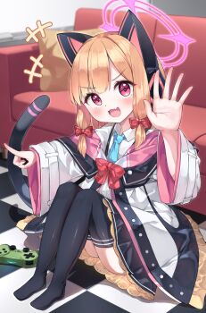 1girl animal_ears black_skirt black_thighhighs blue_archive blue_necktie blurry blurry_background blush bow brown_hair cat_tail checkered_floor coat commentary_request controller fang full_body game_controller hair_bow halo hand_up highres indoors knees_up long_sleeves medium_hair momoi_(blue_archive) multicolored_coat necktie no_shoes on_floor open_mouth palms parted_bangs pink_eyes purple_halo red_bow sitting skin_fang skirt solo tail thighhighs timtim_(tim99292) v-shaped_eyebrows wide_sleeves wing_collar