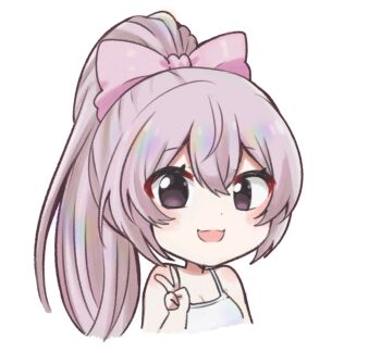 Rule 34 | 1girl, :d, bare shoulders, black eyes, bow, breasts, chibi, chibi only, cleavage, dot nose, double-parted bangs, grey hair, hair bow, high ponytail, highres, huge bow, light blush, open mouth, pale skin, pink bow, ponytail, simple background, smile, solo, spaghetti strap, thick eyelashes, v, virtual youtuber, white background, wolfychu (artist), ywuria (vtuber)