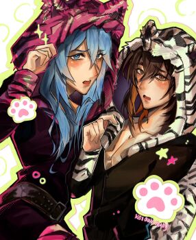 Rule 34 | 2boys, adjusting clothes, adjusting headwear, alternate costume, animal ear hood, animal ears, animal print, arched back, belt, ben-day dots, black belt, black hoodie, blue eyes, blue hair, blush, brown eyes, brown hair, cowboy shot, crossed bangs, edmond (nu carnival), fake animal ears, fuzzy clothes, green outline, hair between eyes, hair over shoulder, highres, hood, hoodie, kissawnshelly, long hair, looking at viewer, male focus, medium hair, multicolored hair, multiple boys, nu carnival, open mouth, outline, paw print, peanut mouth, pectoral cleavage, pectorals, pink hoodie, pink outline, raised inner eyebrows, screentones, sidelocks, sleeve cuffs, sparkle, streaked hair, tiger ears, tiger print, twitter username, two-tone hoodie, upturned eyes, white background, white hoodie, white outline, yakumo (nu carnival), zipper, zipper pull tab