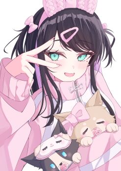 Rule 34 | 1girl, absurdres, animal ear hairband, animal ears, black hair, blue eyes, blush, bow, closed eyes, commentary request, dog, fake animal ears, fang, hair bow, hair ornament, hairband, hairclip, highres, if (ify cappuccino), jacket, kaga nazuna, kaga nazuna (8th costume), long hair, mole, mole under eye, open mouth, pacifier, pink bow, pink jacket, pink nails, skin fang, solo, track jacket, virtual youtuber, vspo!, white background