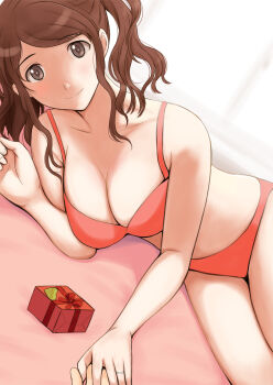 1girl amagami bikini breasts brown_eyes brown_hair cleavage closed_mouth collarbone commentary_request highres holding_hands jewelry large_breasts lingerie long_hair looking_at_viewer lying nakata_sae on_side parted_bangs red_bikini ring smile solo_focus swimsuit takemi_kaoru twintails underwear wedding_ring