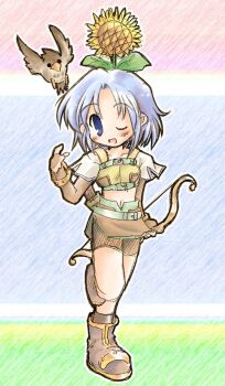 1girl 2000s_(style) bird blonde_hair blue_background blue_eyes blue_hair blush boots bow_(weapon) breasts brown_boots brown_gloves brown_shirt brown_shorts brown_skirt brown_socks commentary_request crop_top elbow_gloves exp_mochi falcon fingerless_gloves flower flower_on_head full_body gloves holding holding_bow_(weapon) holding_weapon hunter_(ragnarok_online) looking_at_viewer midriff miniskirt navel one_eye_closed open_mouth ragnarok_online shirt short_hair short_shorts short_sleeves shorts shorts_under_skirt skirt small_breasts smile socks solo standing standing_on_one_leg sunflower weapon