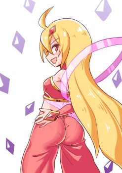 1girl ahoge ass bare_shoulders blonde_hair blush breasts bridal_gauntlets cougar_(cougar1404) crystal female_focus from_behind gypsy long_hair looking_at_viewer looking_back majin_shoujo open_mouth pants pantylines princess red_eyes riva shawl shiny_skin sideboob smile solo very_long_hair wedgie