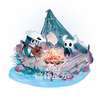 1boy 1other arthropod_boy black_eyes black_skin campfire colored_skin commentary_request food highres hightguy hollow_eyes hollow_knight horns in-universe_location instrument knight_(hollow_knight) marshmallow music playing_instrument quirrel sample_watermark water watermark white_mask