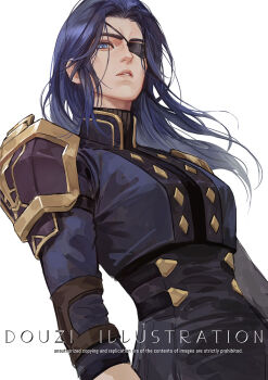1girl arcane:_league_of_legends arcane_caitlyn armor blue_eyes blue_hair caitlyn_(league_of_legends) chinese_commentary commentary_request dutch_angle eyepatch league_of_legends long_hair looking_at_viewer parted_lips rennerdouz shoulder_armor simple_background solo upper_body white_background