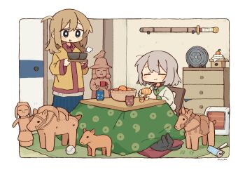 2girls :d animal black_cat blonde_hair blush_stickers border bowl cat chair closed_eyes closed_mouth commentary_request cup dot_nose double-parted_bangs drawer food fruit fumiko_(rubra_plumeria) grey_hair haniwa_(statue) highres holding holding_tray horse_statue indoors japanese_clothes kimono kotatsu long_hair long_sleeves mandarin_orange multiple_girls open_mouth original outside_border peeling short_hair sitting smile sword table tray weapon white_border white_kimono wide_sleeves yellow_kimono