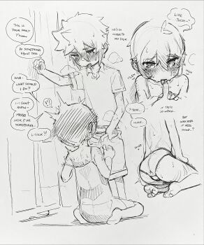 2boys barefoot commentary english_commentary english_text fellatio graphite_(medium) greyscale highres kodomo_doushi male_focus monochrome multiple_boys oral original penis renocoffee shirt short_hair short_sleeves shota speech_bubble traditional_media very_short_hair yaoi