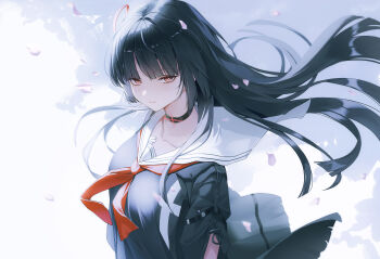 1girl black_choker black_hair black_jacket black_shirt breasts chisa_(wuthering_waves) choker closed_mouth collarbone commentary from_side highres jacket light_smile long_hair looking_at_viewer looking_to_the_side medium_breasts moda_(mo_da_3) neckerchief pink_petals red_eyes red_neckerchief sailor_collar shirt solo upper_body white_sailor_collar wuthering_waves