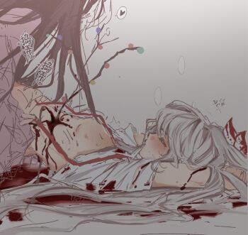 2girls alulue1 biting black_hair blood blood_on_clothes blush bow branch breasts ero_guro fujiwara_no_mokou guro hair_bow highres houraisan_kaguya impaled jeweled_branch_of_hourai long_hair multiple_girls pink_shirt shirt small_breasts suspenders touhou very_long_hair white_hair white_shirt wide_sleeves yuri